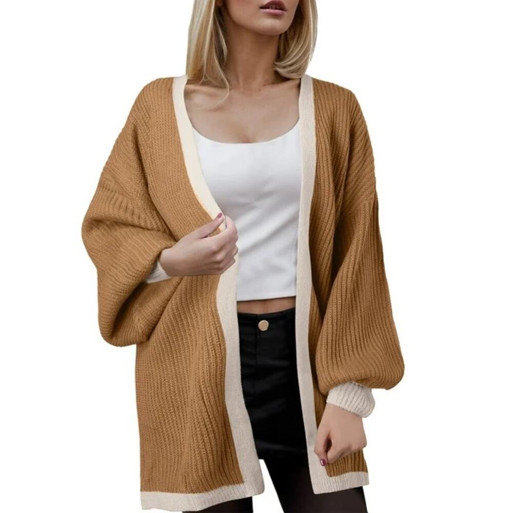 Boho Chunky Knit Cardigan Small Brown Cream Open Front Cozy Slouchy Sweater